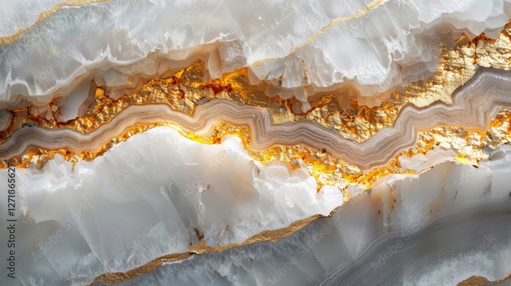 Poster close up view reveals the mesmerizing patterns and textures of a geode, showcasing gold and white mi