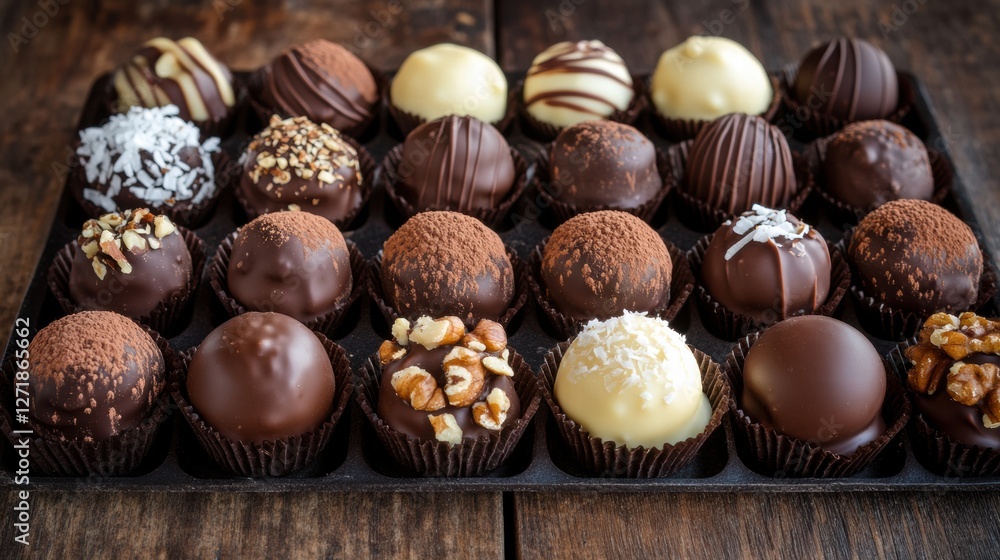 Poster delicious assortment of chocolate truffles displayed on a wooden table in a cozy setting during earl