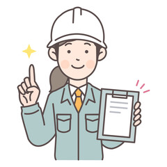 人物_線画03_資料を見せながら解説する建設作業員女性_ol