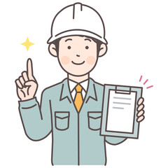 人物_線画03_資料を見せながら解説する建設作業員男性_ol