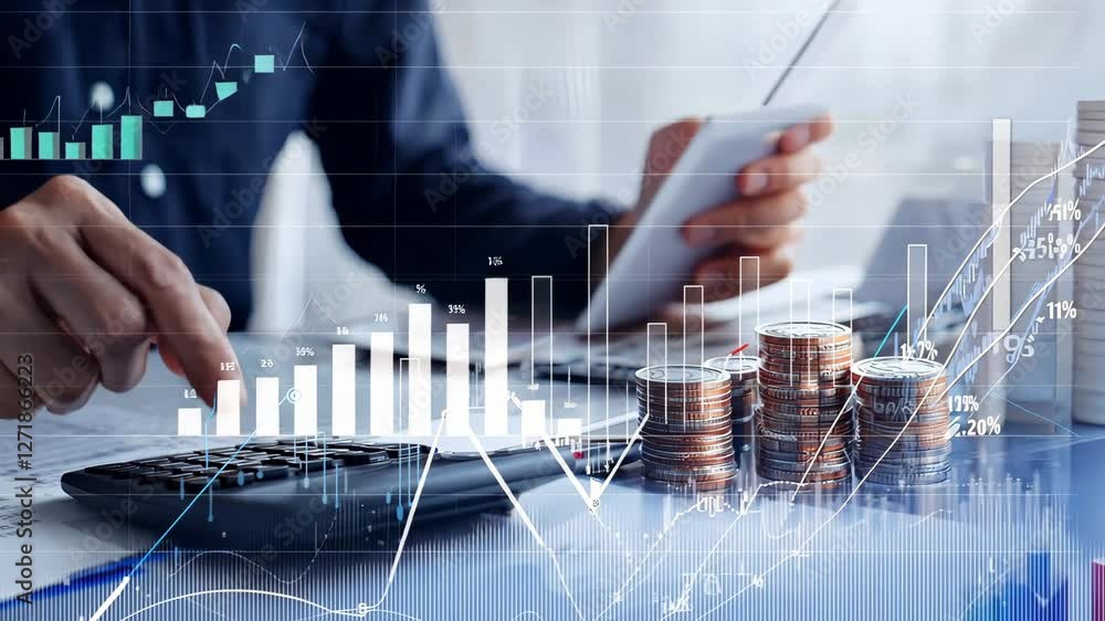 Poster a focused businessman reviews financial data using a calculator at his office desk. his serious appr