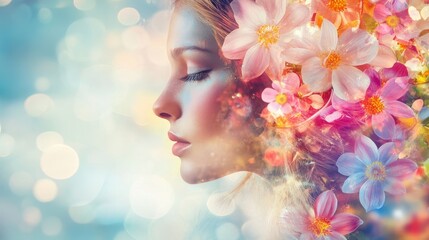 A woman's face is shown with a flowery background