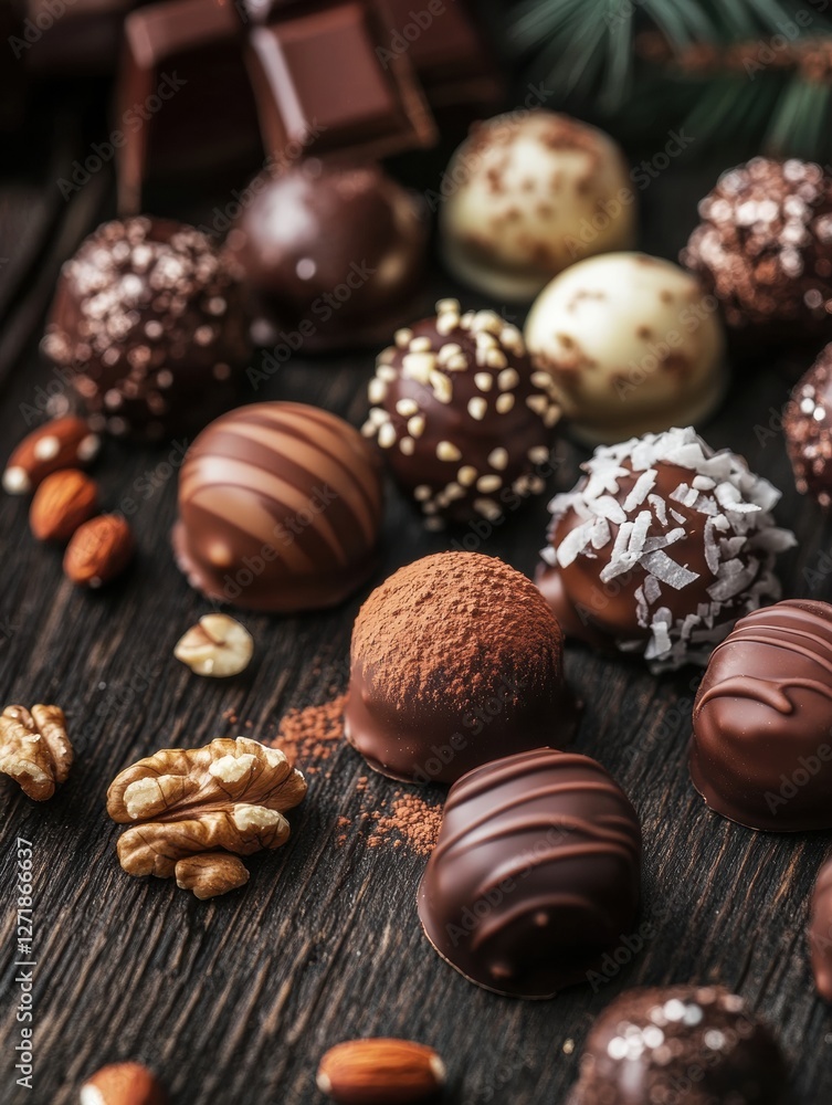 Poster assorted gourmet chocolate truffles arranged on a rustic wooden surface with nuts and decorative ele