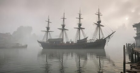 Fototapeta premium Foggy day with old wooden ship anchored in Malacca Harbour, historic landmark, foggy, boat