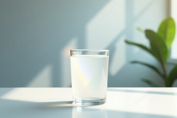 A refreshing glass of water illuminated by sunlight, showcasing its purity and clarity in a minimalist setting