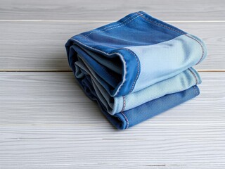 Folded jeans with blue and white stripes stacked in a neat roll on a gray wooden table background, minimalist style, fashion photography