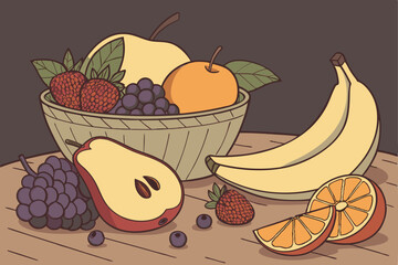  Vibrant fresh fruit still life, colorful assortment, apples, pears, bananas, oranges, grapes, berries, lemons, photorealistic, high detail, soft lighting, rich colors, glossy surfaces, wooden table