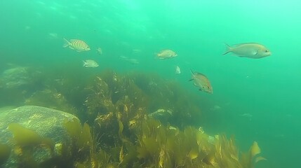 Coastal kelp forest fish underwater ocean swim