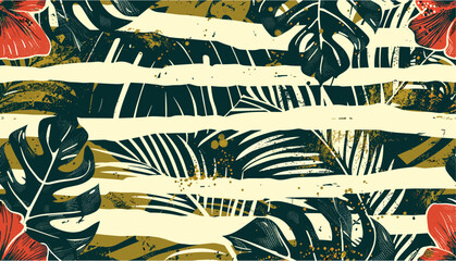 Seamless tropical pattern, hibiscus flowers, abstract striped leaves, fabric shirt, beach towel, pillow wrap, grunge effect, tablecloth, home decor, floral design, vibrant tropical © aura studio