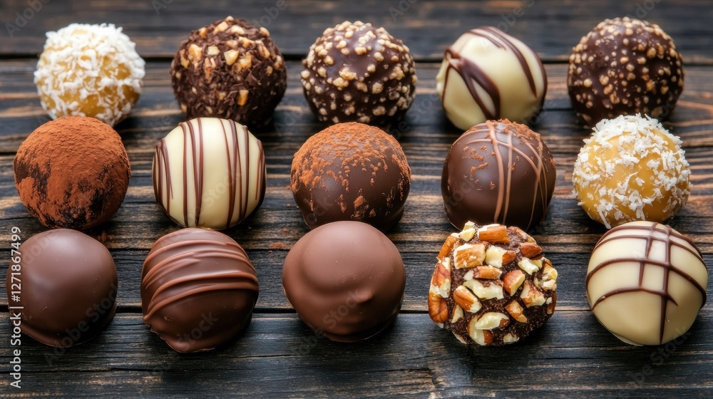 Poster assorted chocolate truffles arranged on a wooden surface displaying various toppings and textures. g