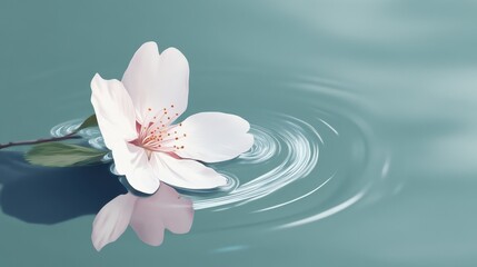 A white flower is floating on the surface of a body of water