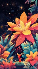 A whimsical character stands among gigantic colorful flora at night