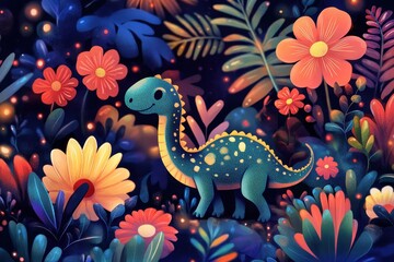 Obraz premium Cute cartoon dinosaur surrounded by colorful plants and flowers