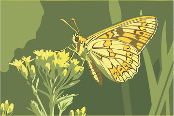  Macro photograph, delicate butterfly, golden brown wings, detailed wing patterns, perched on yellow flower, blurred green background, soft natural lighting, sharp focus on insect, shallow depth of 