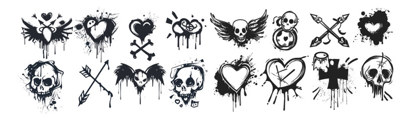 Black paint spray graffiti, angel wings, heart, arrow, skull, tic tac toe, ink drips, splatter, hand drawn street art, urban elements, painted stickers, isolated on white background, artwork.