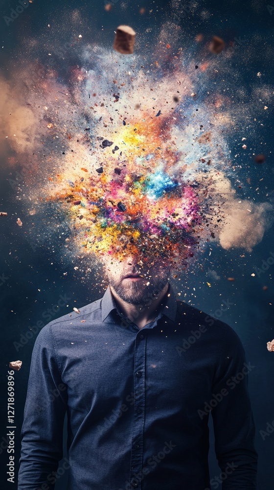 Poster office worker experiencing a colorful head explosion representing stress, information overload, burn
