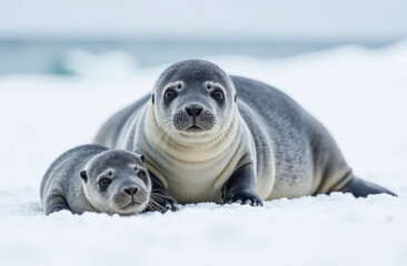 Naklejka premium International Squirrel Protection Day. 2 seals are lying on a snowy shore. research and careful treatment of marine animals