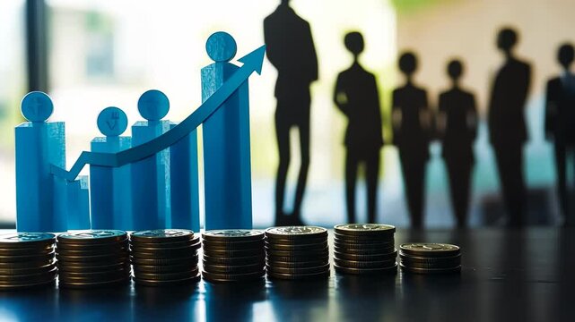 Paper people standing on a coin stacks. Insightful Analysis of Investment. Business Metrics, Performance Trends. Visual representation shows growth, success, achievement. Income gap. Market recovery