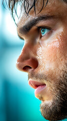 Fototapeta premium A close-up portrait of a focused young man with intense eyes, sweat on his face, and a determined expression, suggesting effort and concentration.