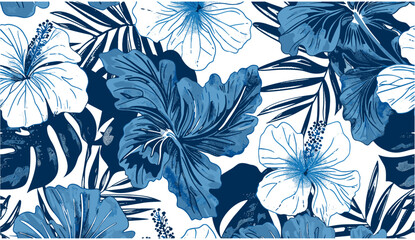 Blue hibiscus flowers, tropical leaves, Hawaiian style, grunge vector floral seamless pattern, wallpaper, vector art © aura studio