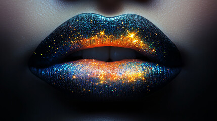 Galaxy inspired lip art showing shimmering colors and glitter effects on lips in close up view of a beauty creation