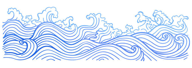 Ocean wave ornament pattern, blue line art, vector illustration, sea waves, water texture, coastal art, marine decor