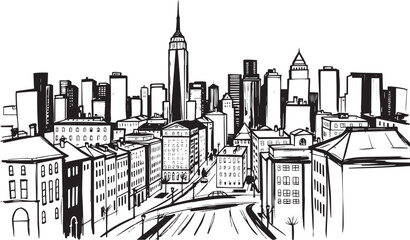 City landscape. Different buildings on street, outline cityscape hand sketch, flat houses. Hand drawn vector illustration