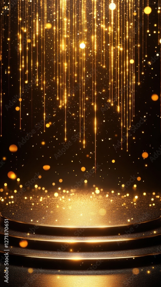 Poster Background with shimmering golden lights cascading down on a circular stage at a festive event, creating an enchanting atmosphere for performances and celebrations