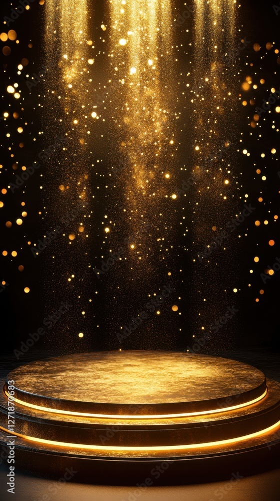 Poster sparkling golden stage illuminated by cascading lights and shimmering particles for a glamorous perf
