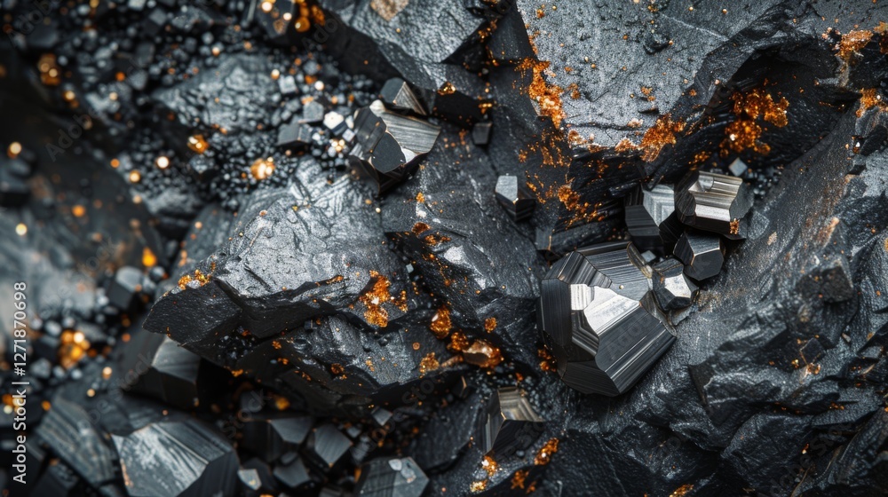 Poster shimmering black and orange crystals contrast against dark rock layers, showcasing natural mineral f