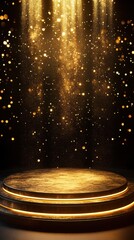 Obraz premium Sparkling golden stage illuminated by cascading lights and shimmering particles for a glamorous performance at night