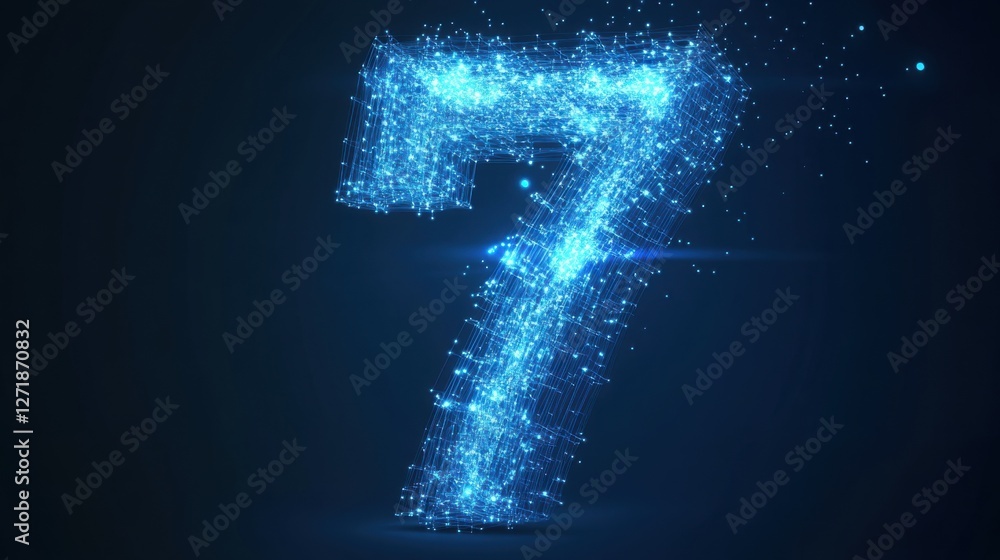 Aufkleber digital representation of the number seven created with glowing blue particles in a dark background 