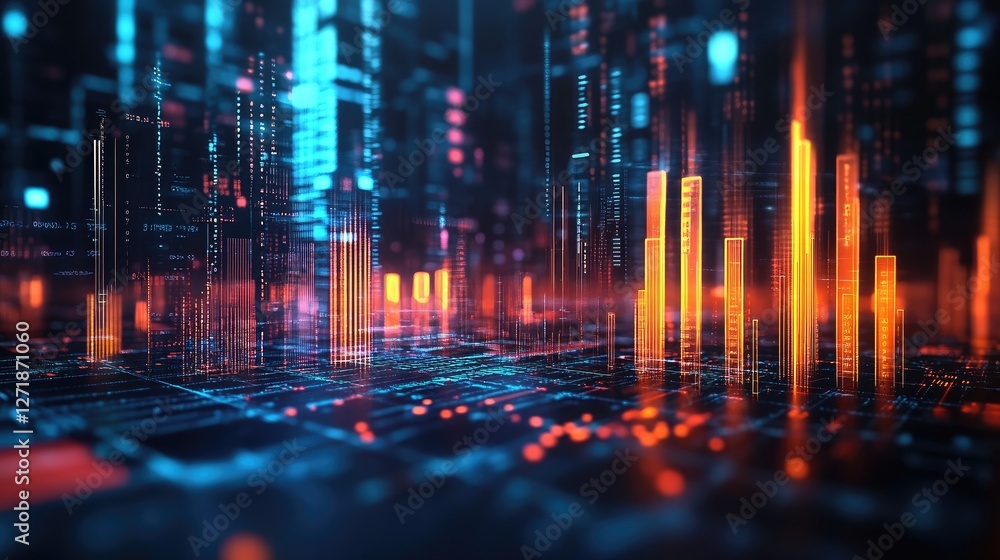 Poster an artistic representation of a d bar chart with glowing bars and dynamic lighting effects, emphasiz