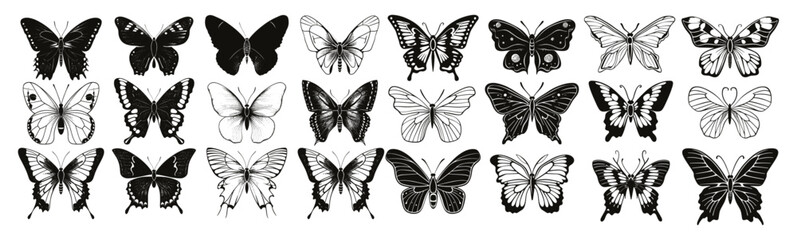 Butterfly vector art with seventh set of wings, black and white design, wavy lines, organic shapes, Y2k aesthetic, tattoo silhouette, retro 2000s style, hand-drawn stickers