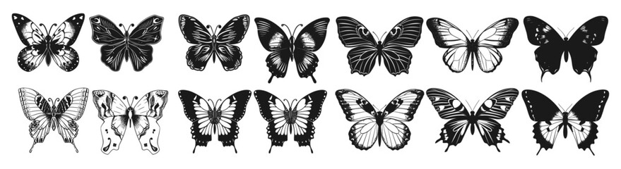 Vector illustration of a butterfly with sixth set of black and white wings, wavy lines, organic shapes, Y2K aesthetic, tattoo silhouette, hand-drawn stickers, retro 2000s style, trendy graphic