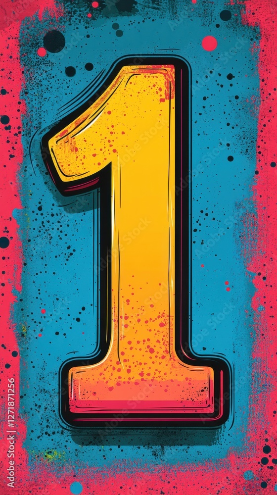 Poster bright and bold number one with a colorful background showcasing artistic details and splatters on a