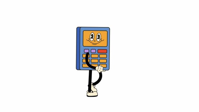 Groovy Retro Cartoon Calculator Character, walking in a seamless loop animation. Transparent background for easy use in designs and overlays