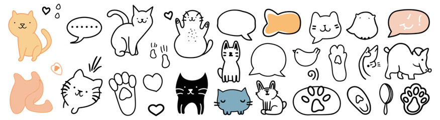 Hand drawn cat dog pet illustration, cute speech bubble, paw print, doodle line art, round footprint badge, animal frame design