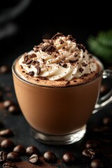 Delicious hot chocolate topped with creamy whipped cream and chocolate shavings served in a clear glass mug against a dark background