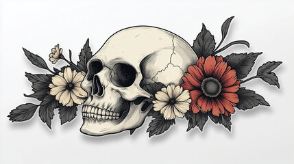 Detailed skull surrounded by vibrant flowers showcases artful contrast of life and death
