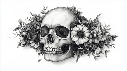Intricate skull design surrounded by detailed floral arrangements creating a striking contrast in monochrome tones