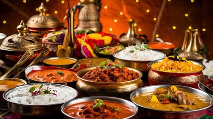 Naklejka premium Elaborate royal dining setup for a destination wedding buffet.