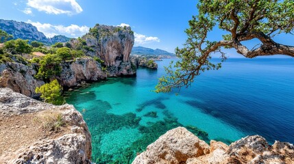 Serene Coastal Cove with Crystal-Clear Turquoise Water, Dramatic Cliffs, and Lush Vegetation Under a Vibrant Blue Sky