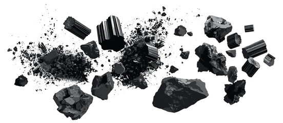 Macro closeup of floating coals, charcoal explosion, bituminous coal, bamboo coal, carbon powder splash, dust cloud, black charcoal, transparent background, vector illustration