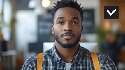 Young man with beard wearing plaid shirt and suspenders seated at desk in a modern workspace during daytime