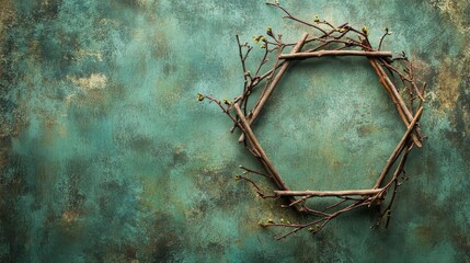Hexagonal twig wreath rests upon a textured turquoise background
