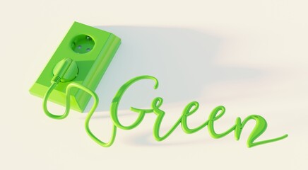 green energy concept. Green letters made of green cable with socket. ecology concept design.