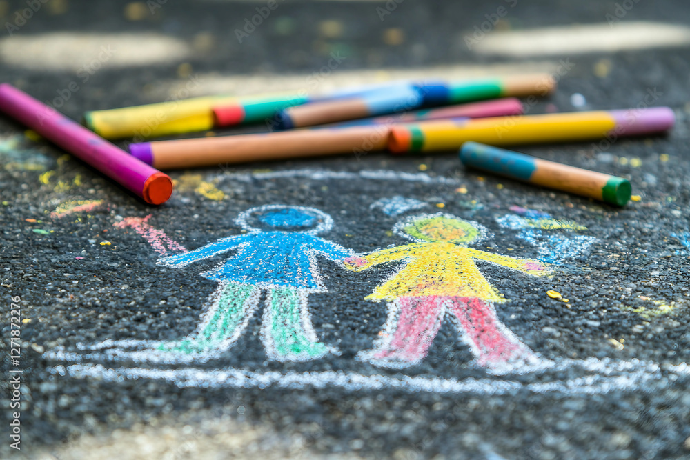 Poster generative ai illustration of kids playing with chalk creating colorful masterpieces on the sidewalk