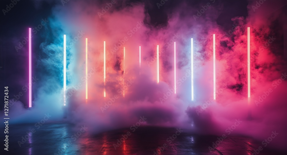 Poster colorful light display with fog effects in a dark setting at a modern venue