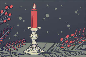  Glowing red candle flame, ornate silver candleholder, dark moody background, bokeh lights, warm ambiance, close-up photography, shallow depth of field, atmospheric lighting, festive mood, holiday s